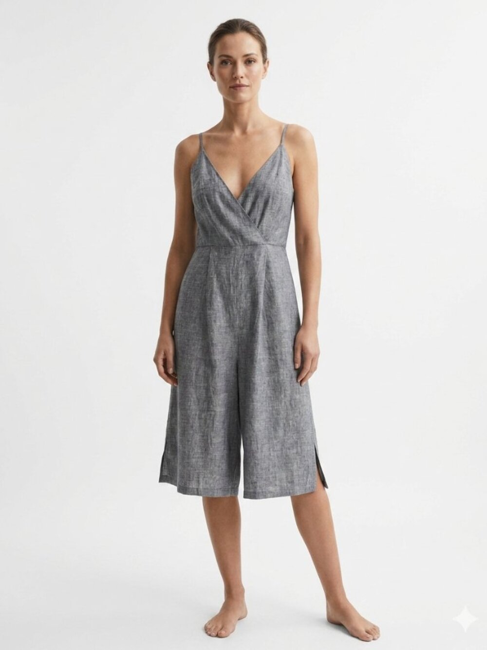 TAHARI 100% LINEN GREY SURPLICE SLEEVELESS WIDE CROPPED LEG JUMPSUIT - 4